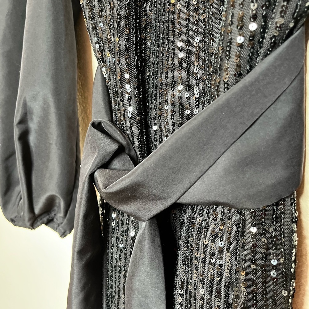 LDT Black Dress Sequin Mini Puff Sleeve Tie Waist Cocktail Holiday Party Glam - Picture 7 of 13